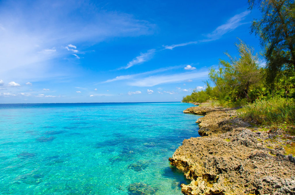 Turquoise zee en rotsachtige kustlijn met groene begroeiing op Cuba.