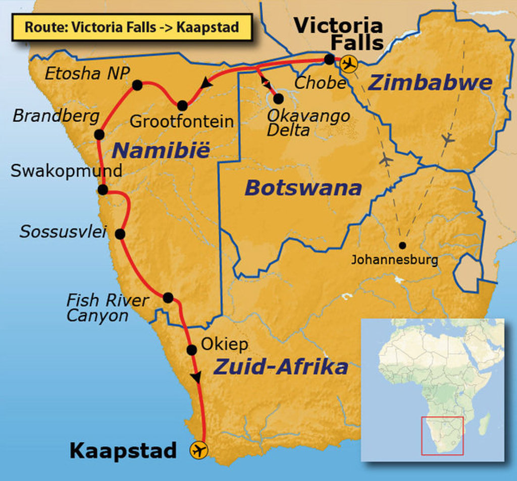 Routekaart Victoria Falls–Kaapstad via Chobe, Okavango Delta, Namibië, Fish River Canyon en Zuid-Afrika.