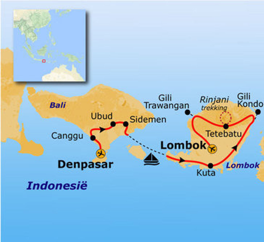 Routekaart Bali & Lombok met reisroute via Denpasar, Canggu, Ubud, Sidemen, Gili Trawangan, Tetebatu en Kuta.
