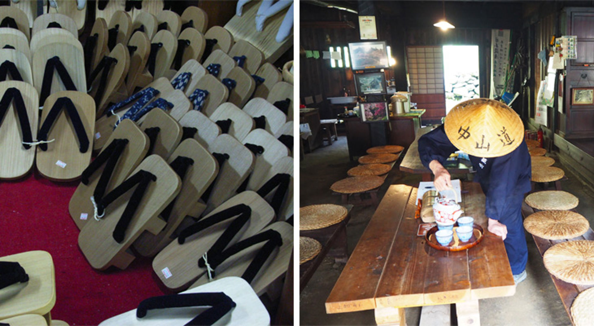 Houten Japanse slippers in een winkel en een man met strohoed die thee serveert in een traditioneel theehuis.