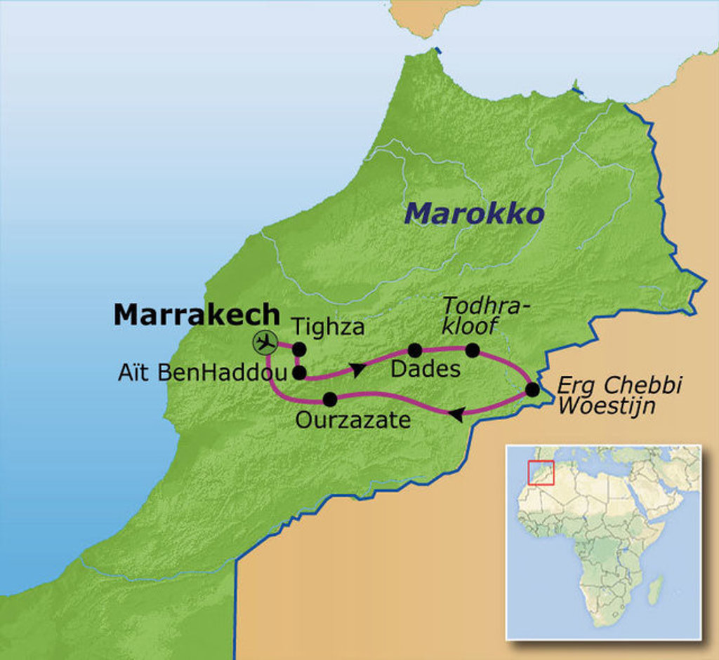 Routekaart Marokko familiereis met traject Marrakech, Aït BenHaddou, Ouarzazate, Dades, Todhrakloof en Erg Chebbi.