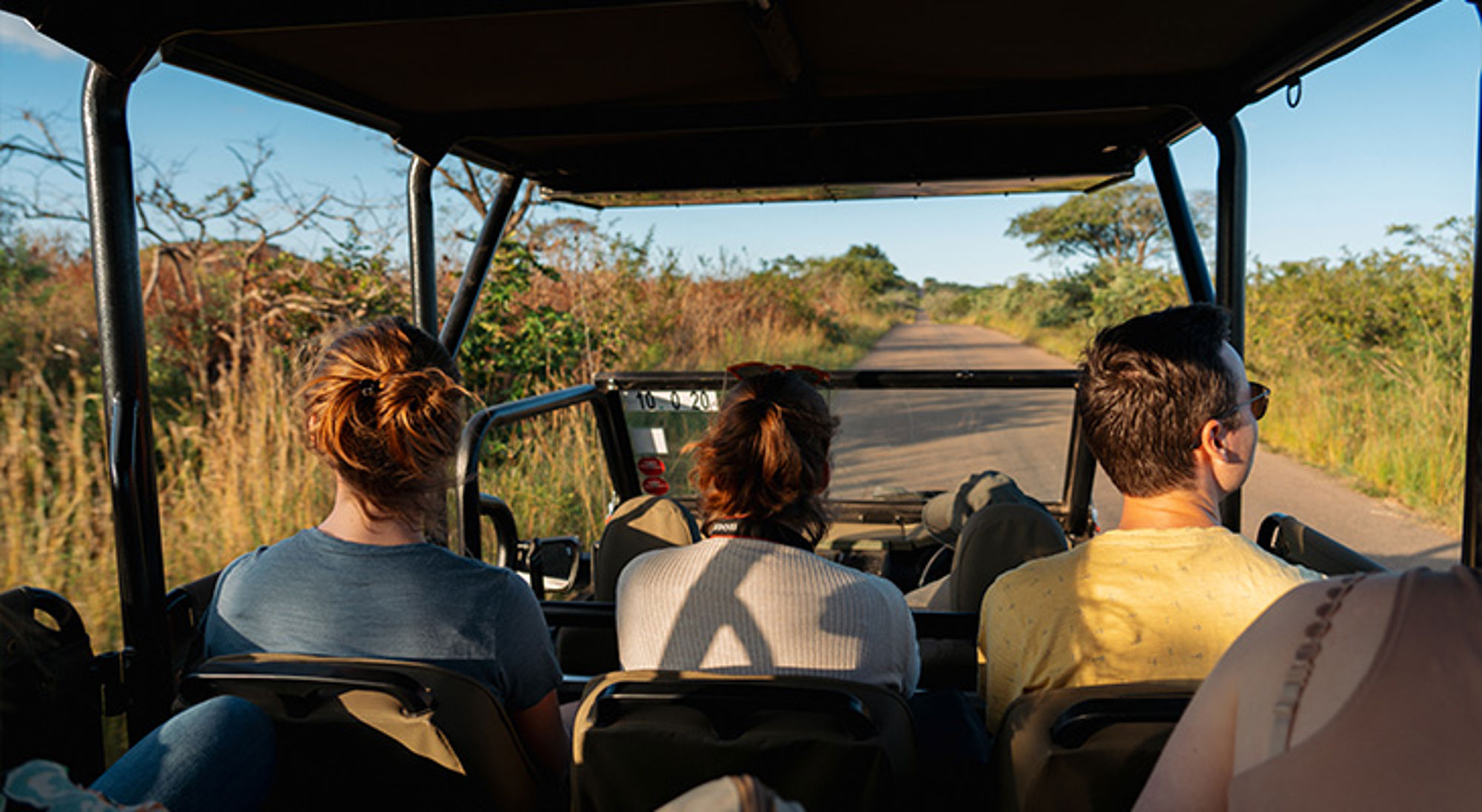 Toeristen in safari-jeep kijken uit over een lange weg door de natuur.