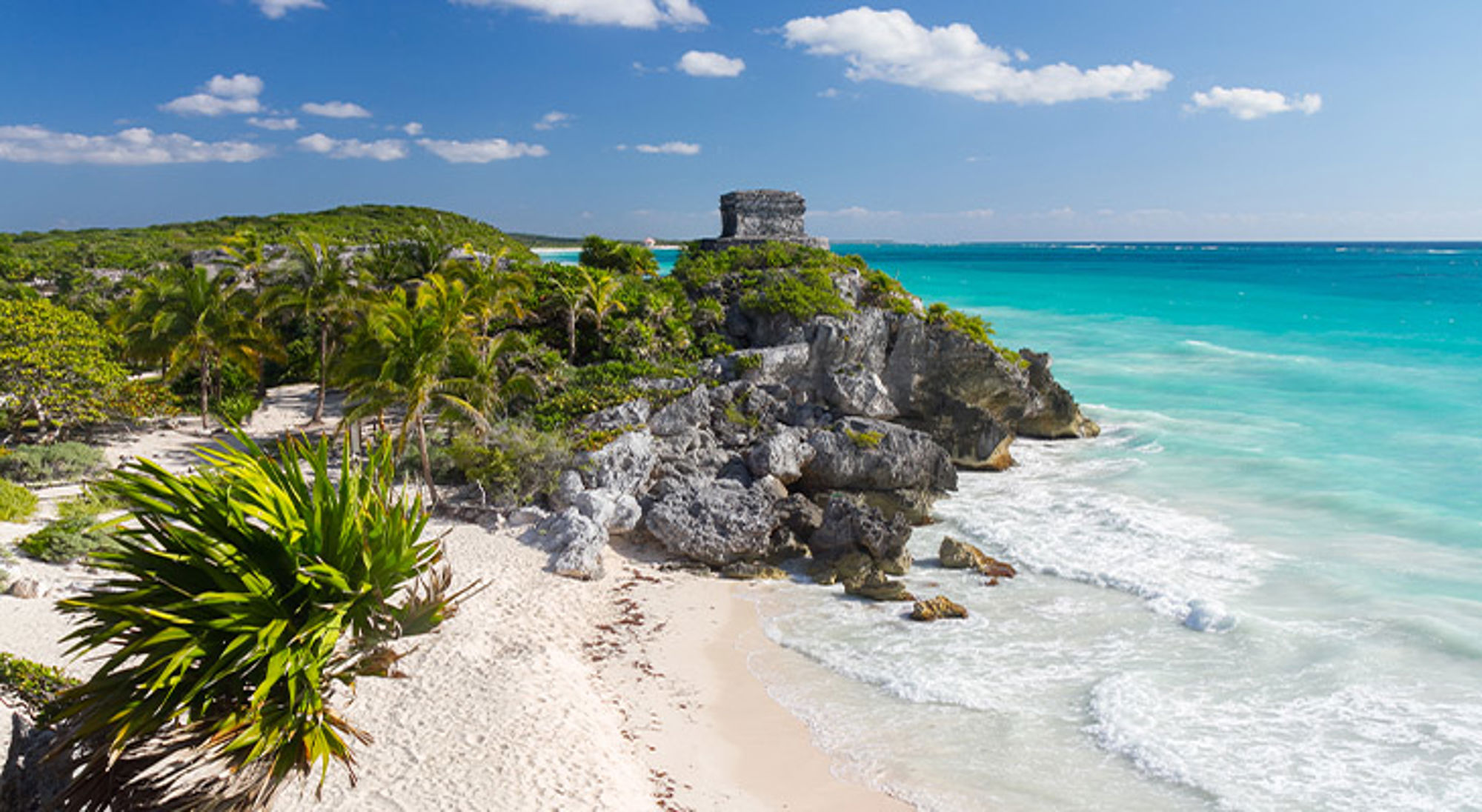 Tulum Tulum-ruïnes op een rotsklif boven een wit zandstrand met palmbomen en turquoise zee.