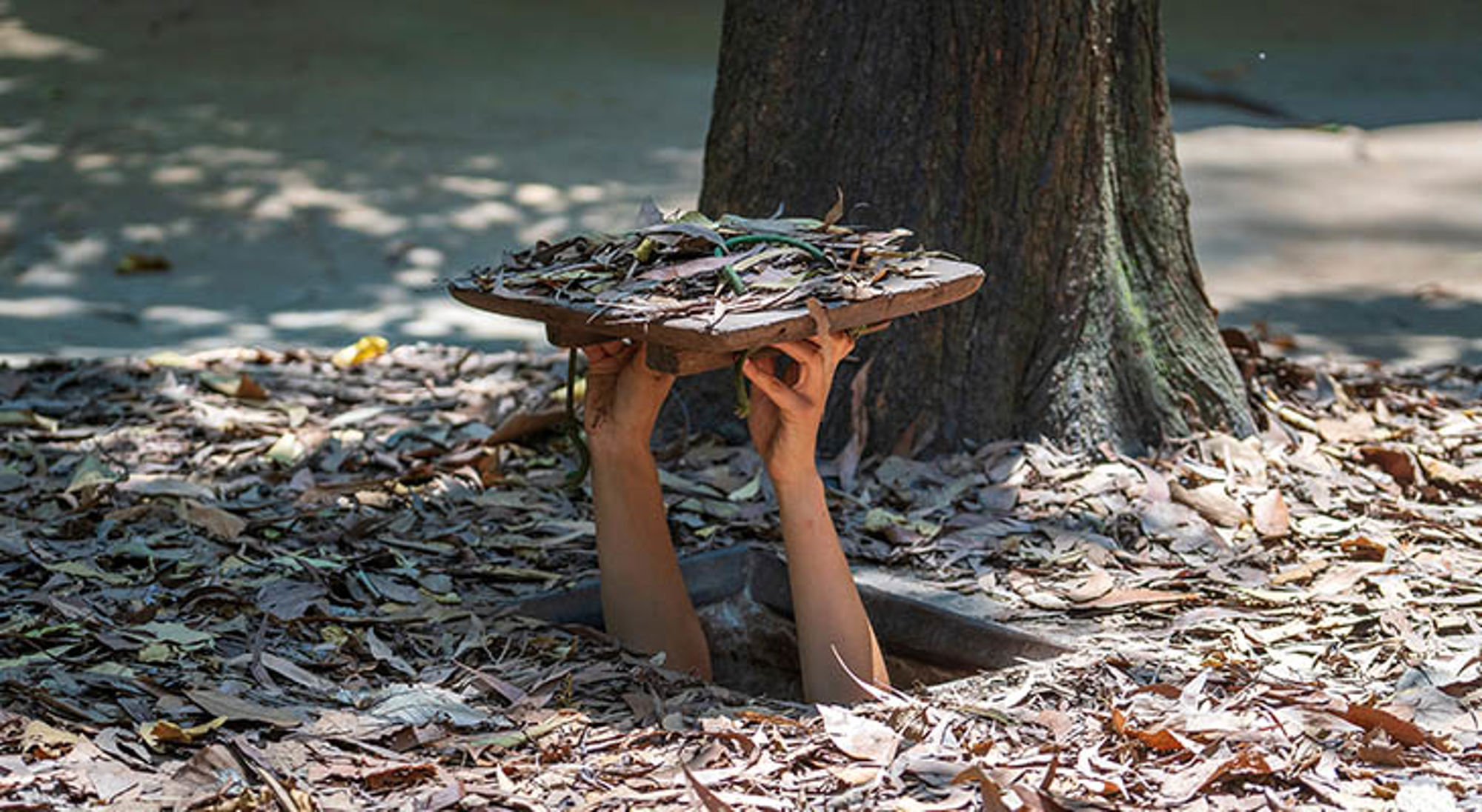 Cu Chi tunnels Handen steken uit een Vietnamees Cu Chi-tunnelgat en houden een camouflagedeksel vast.
