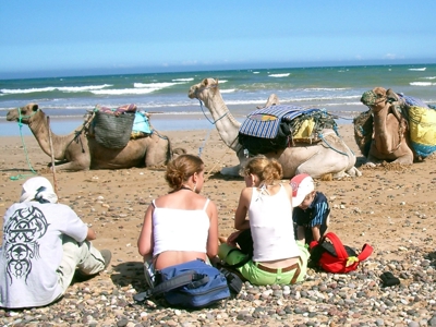 Reizigers picknicken op het strand in Marokko, met kamelen op de achtergrond en de Atlantische Oceaan.