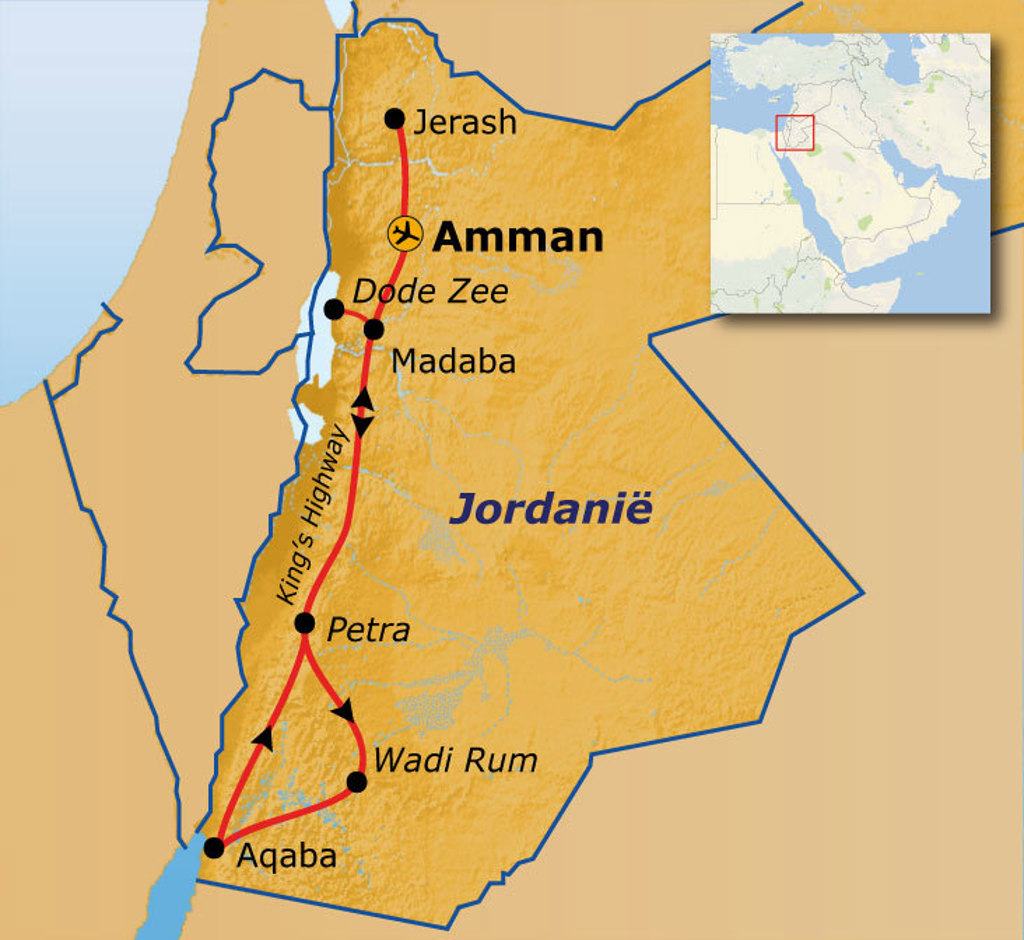 Routekaart Jordanië met reisroute langs Amman, Jerash, Dode Zee, Madaba, Petra, Wadi Rum en Aqaba.