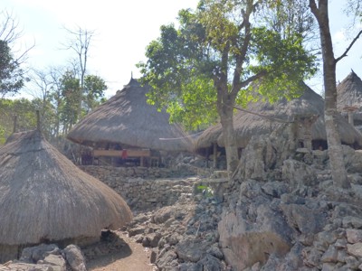 Traditionele Sumbanese huizen met rieten daken in een stenen dorp, Route Timor, Sumba & Bali 22 dagen.