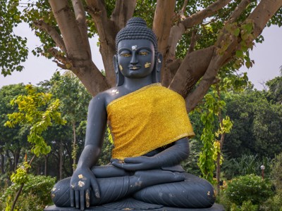 Zittend Boeddhabeeld met gouden doek in een park in Noord-India.