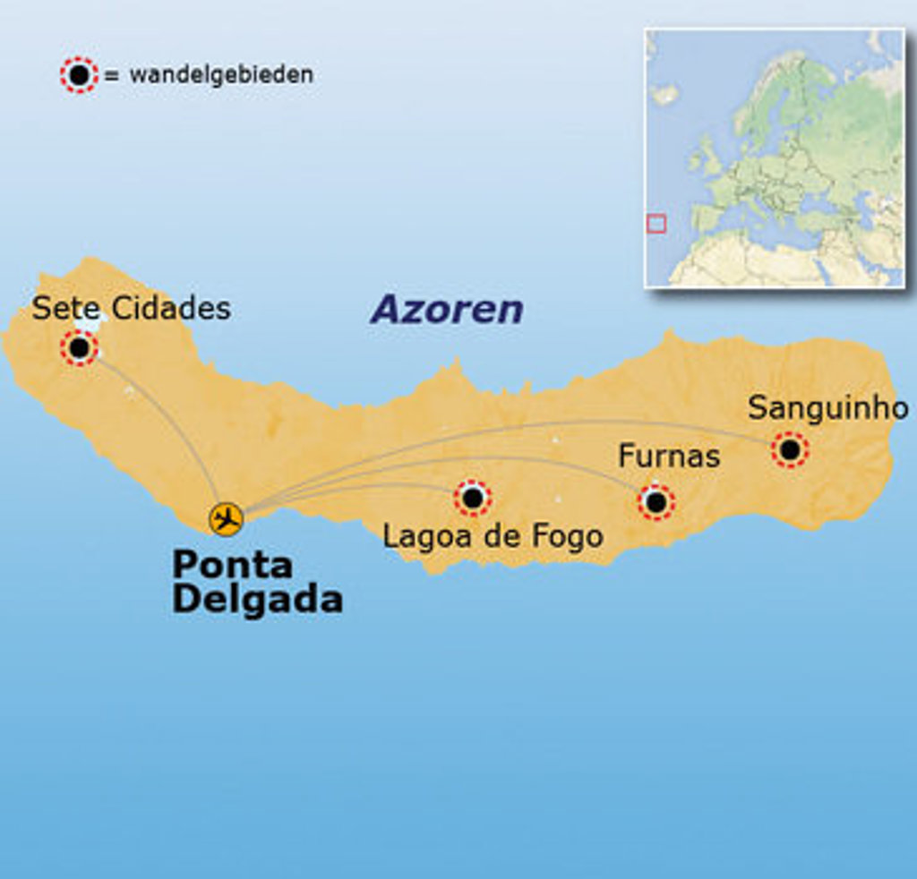 Routekaart Azoren met wandelgebieden bij Ponta Delgada, Sete Cidades, Lagoa do Fogo, Furnas en Sanguinho.