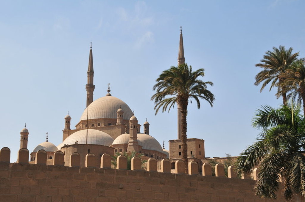 Moskee met koepels en minaretten in Caïro, omringd door palmbomen tijdens groepsrondreis Egypte Hoogtepunten.