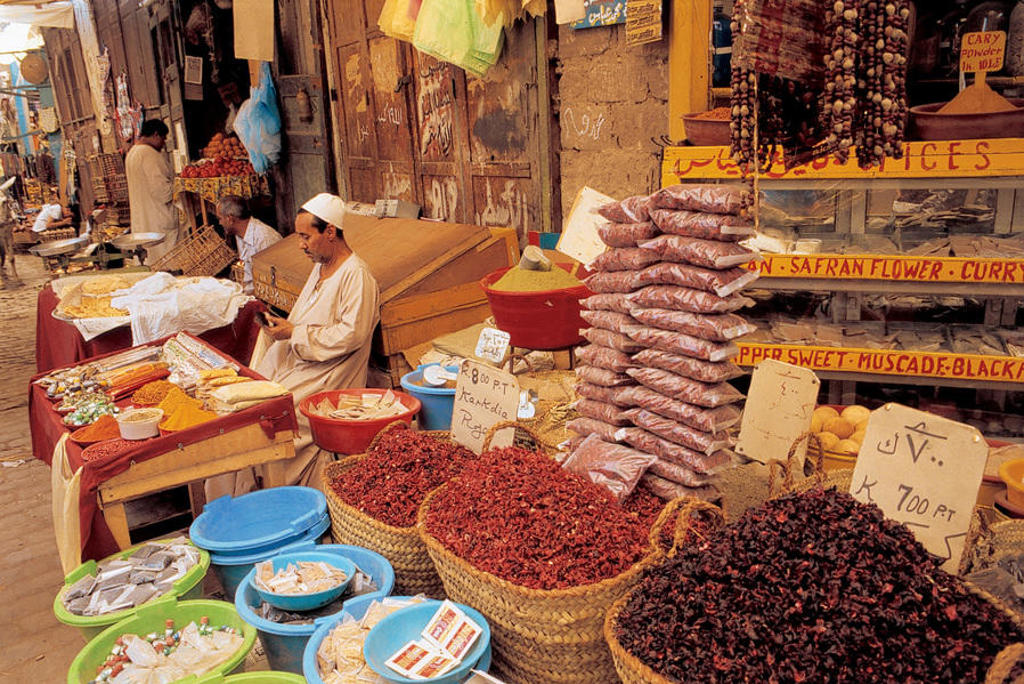 Kruiden- en specerijenmarkt in Egypte met zakken en manden vol kruiden tijdens de groepsrondreis Egypte kort.