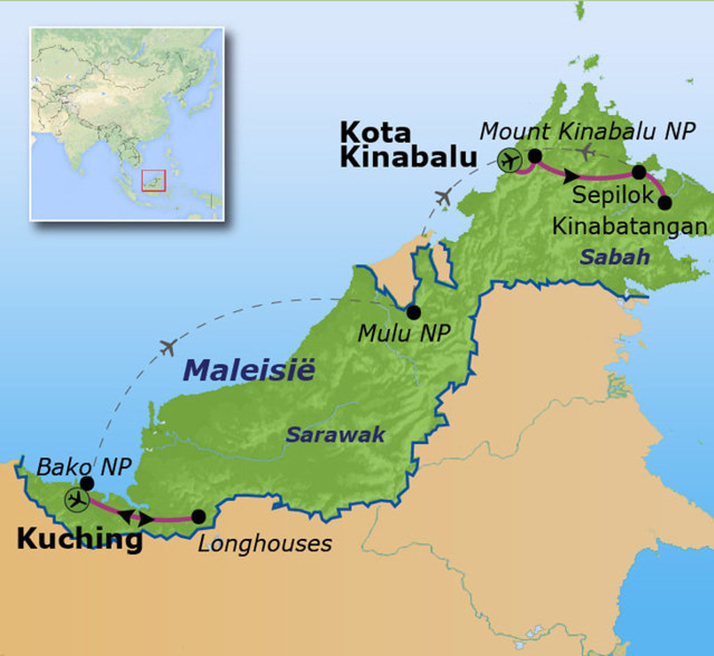 Routekaart Maleisisch Borneo familiereis met highlights Kota Kinabalu, Sepilok, Kinabatangan, Mulu NP en Kuching.