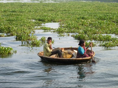 Rond bootje met twee locals op de backwaters van Zuid-India, tussen drijvende waterplanten.