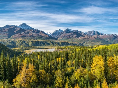 Bergpanorama in Alaska met uitgestrekte naaldbossen en herfstkleuren onder een heldere blauwe lucht.
