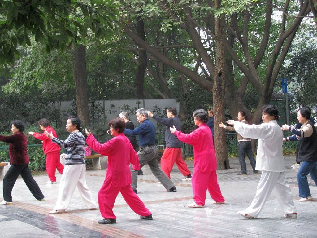 Groep mensen doet tai chi in een park in China tijdens een familiereis.