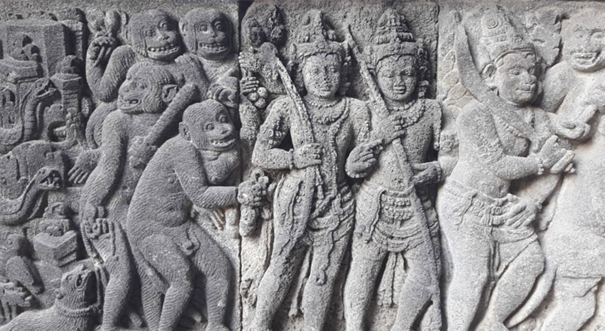 Muursymbolen Prambanan Indonesië Reliëf met figuren en apen op de Borobudur-tempel in Indonesië.