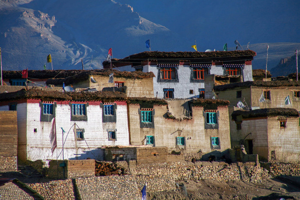 Traditionele huizen in Ladakh met gebedsvlaggen en bergen op de achtergrond tijdens de groepsrondreis Spiti & Ladakh.