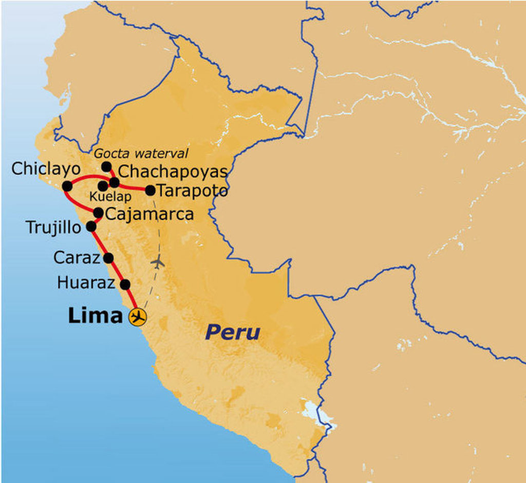 Routekaart Noord-Peru met reisroute via Lima, Huaraz, Trujillo, Cajamarca, Chachapoyas en Chiclayo.