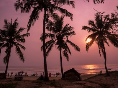 Zonsondergang aan het strand in Zuid-India met palmbomen en mensen langs de kust.
