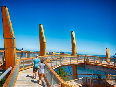 Uitzichtplatform met houten loopbruggen en bezoekers met panorama over bergen en water in Canada.