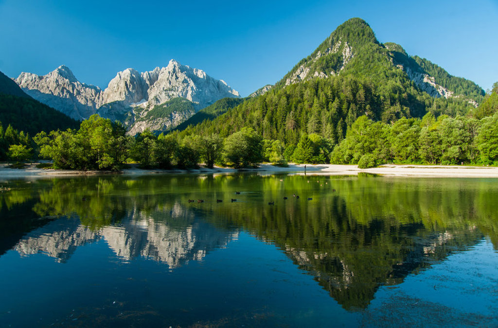 Reflectie van de Julische Alpen in het Meer van Jasna bij Kranjska Gora tijdens een groepsrondreis Slovenië.