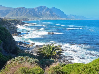 Panorama van de kust bij Hermanus met ruige rotsen, golven en bergen op de achtergrond.