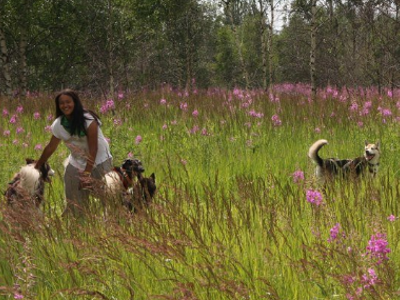 Vrouw wandelt met husky’s door een bloemenveld in Rusland.