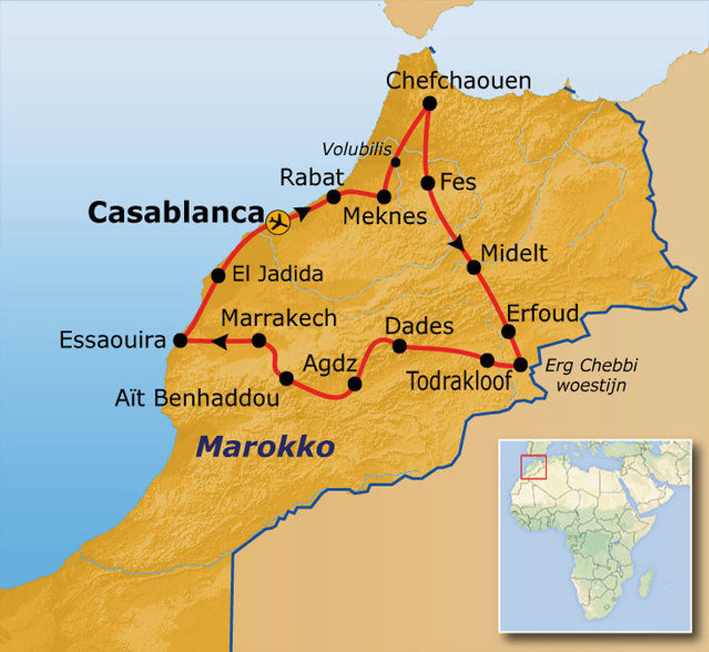Routekaart Marokko met reisroute langs Casablanca, Rabat, Fes, Marrakech, Dades, Erfoud en Essaouira.