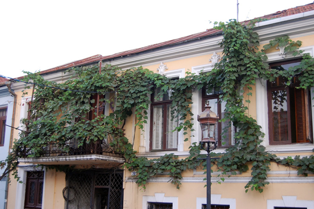 Gevel van een historisch huis met balkon, bedekt met wijnranken, tijdens groepsrondreis Armenië en Georgië.