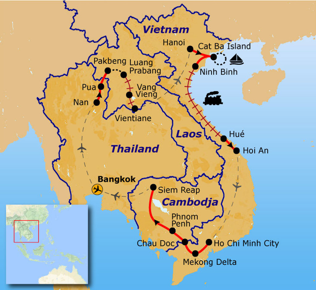 Routekaart Indochina met reisroute door Vietnam, Laos en Cambodja, langs o.a. Hanoi, Luang Prabang en Siem Reap.
