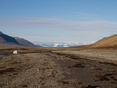 Uitgestrekte kustvlakte met bergen en gletsjers op Spitsbergen tijdens de route van 10 dagen.