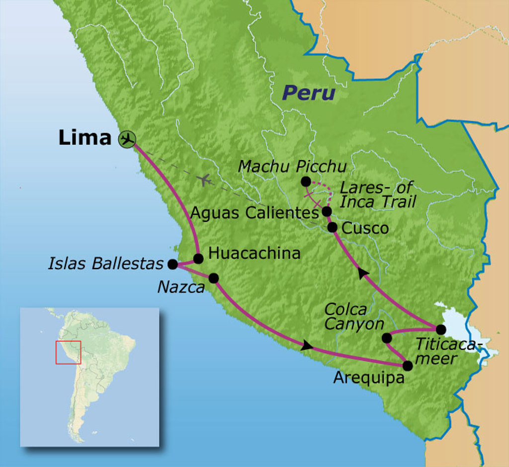 Routekaart Peru met reisroute via Lima, Nazca, Arequipa, Titicacameer, Cusco, Inca Trail en Machu Picchu.