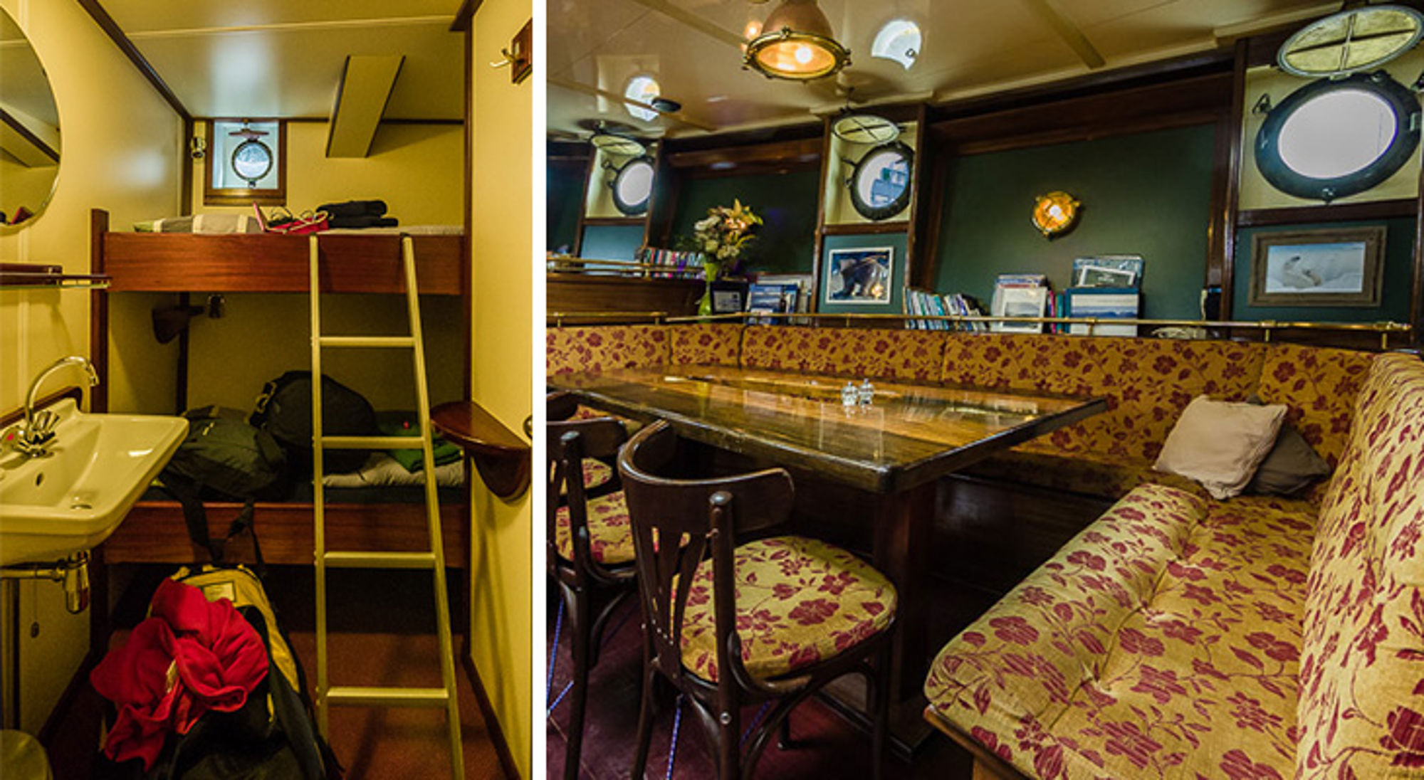 Interieur van een schip met hut met stapelbed en salon met tafel, banken en patrijspoorten.