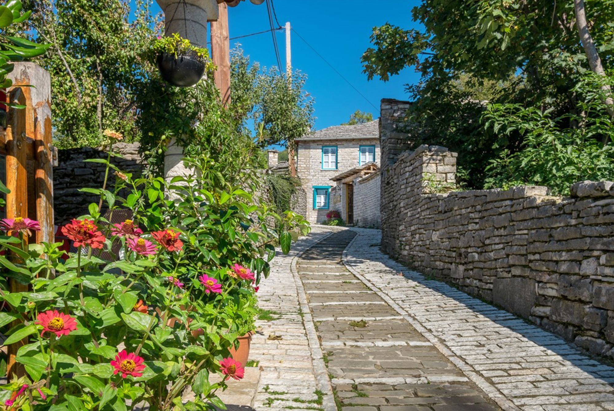 Smalle geplaveide straat met stenen huizen en kleurrijke bloemen in een traditioneel dorp in Griekenland.