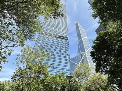 Moderne wolkenkrabbers in Hongkong, gezien vanuit een groen stadspark.