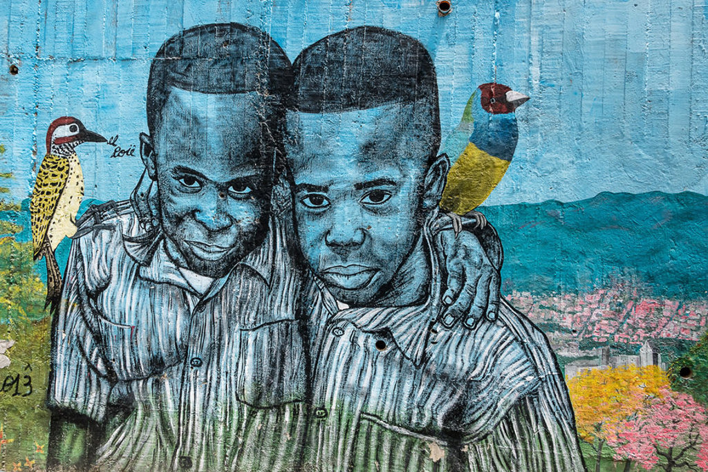 Muurschildering van twee jongens met vogels, street art tijdens 22-35ers reis Colombia.