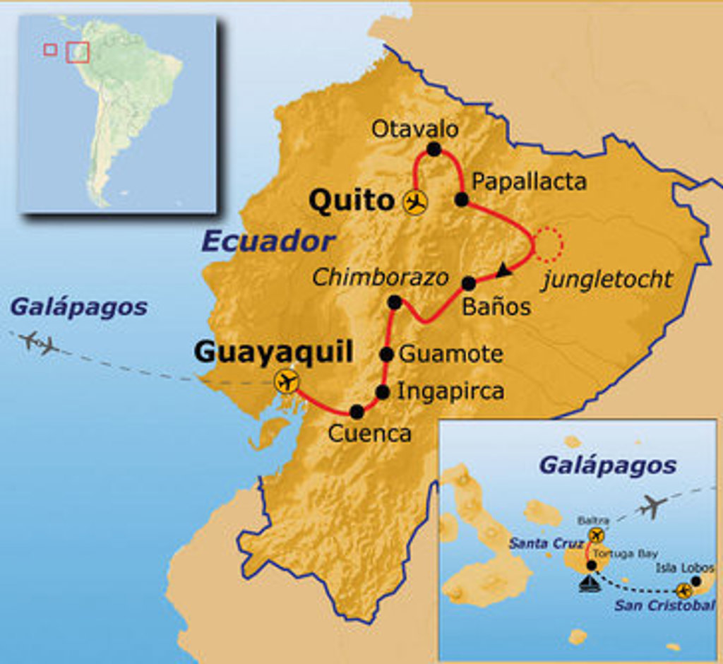 Routekaart Ecuador en Galapagos (21 dagen) met reisroute langs Quito, Otavalo, Baños, Cuenca, Guayaquil en eilanden.