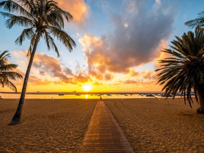 Zonsondergang op het strand van de Canarische Eilanden met palmbomen, houten pad en boten op zee.