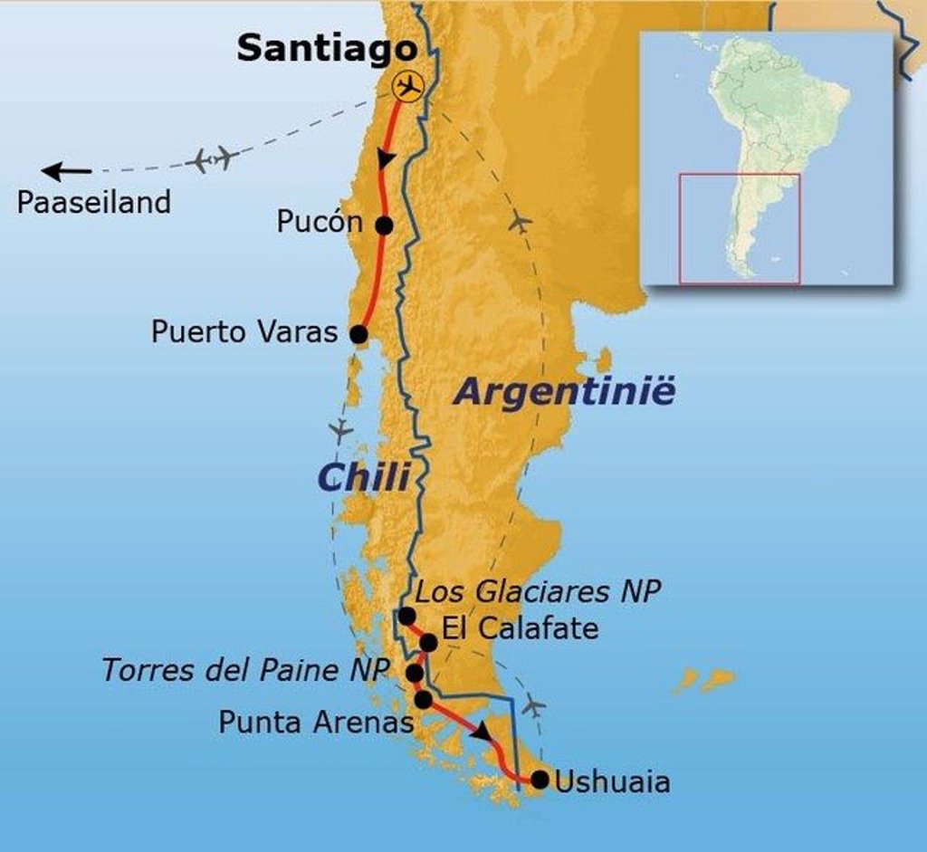Routekaart Route 2 Festivalreis door Patagonië met stops in Santiago, Puerto Varas en Puerto Natales.