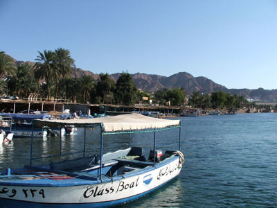 Glasboot aan de oever van de Rode Zee bij Aqaba, met palmbomen en bergen op de achtergrond.