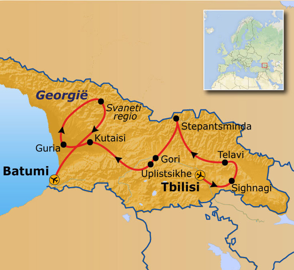 Routekaart Georgië met reisroute langs Tbilisi, Stepantsminda, Telavi, Sighnaghi, Kutaisi, Svaneti en Batumi.