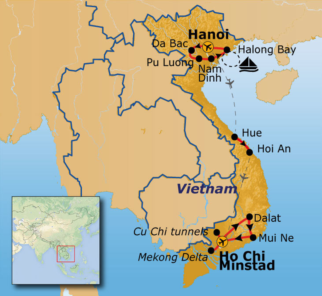Routekaart Vietnam met reisroute langs Hanoi, Halong Bay, Hue, Hoi An, Dalat, Mui Ne en Ho Chi Minhstad.