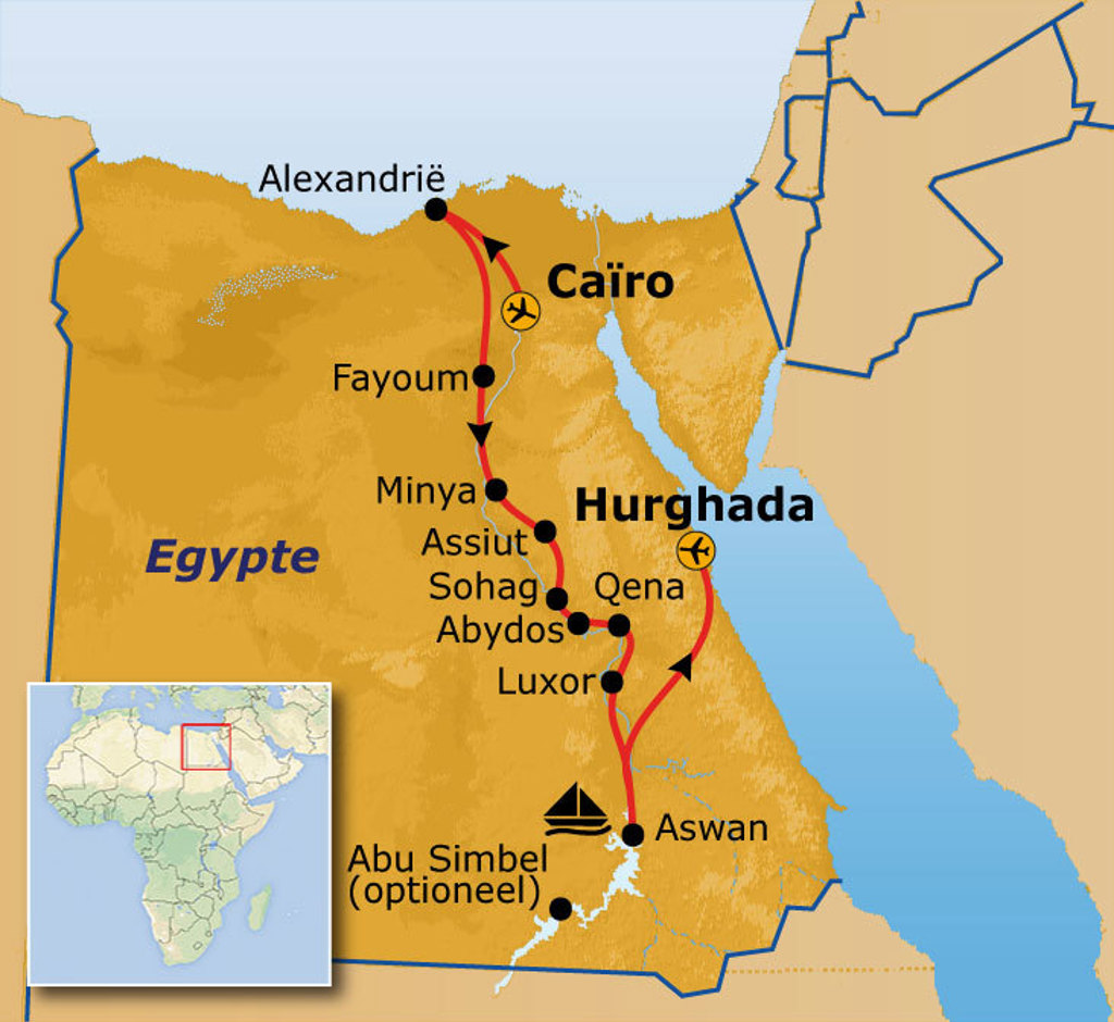 Routekaart Egypte met reisroute langs Cairo, Luxor, Aswan en Hurghada, met optionele stop bij Abu Simbel.