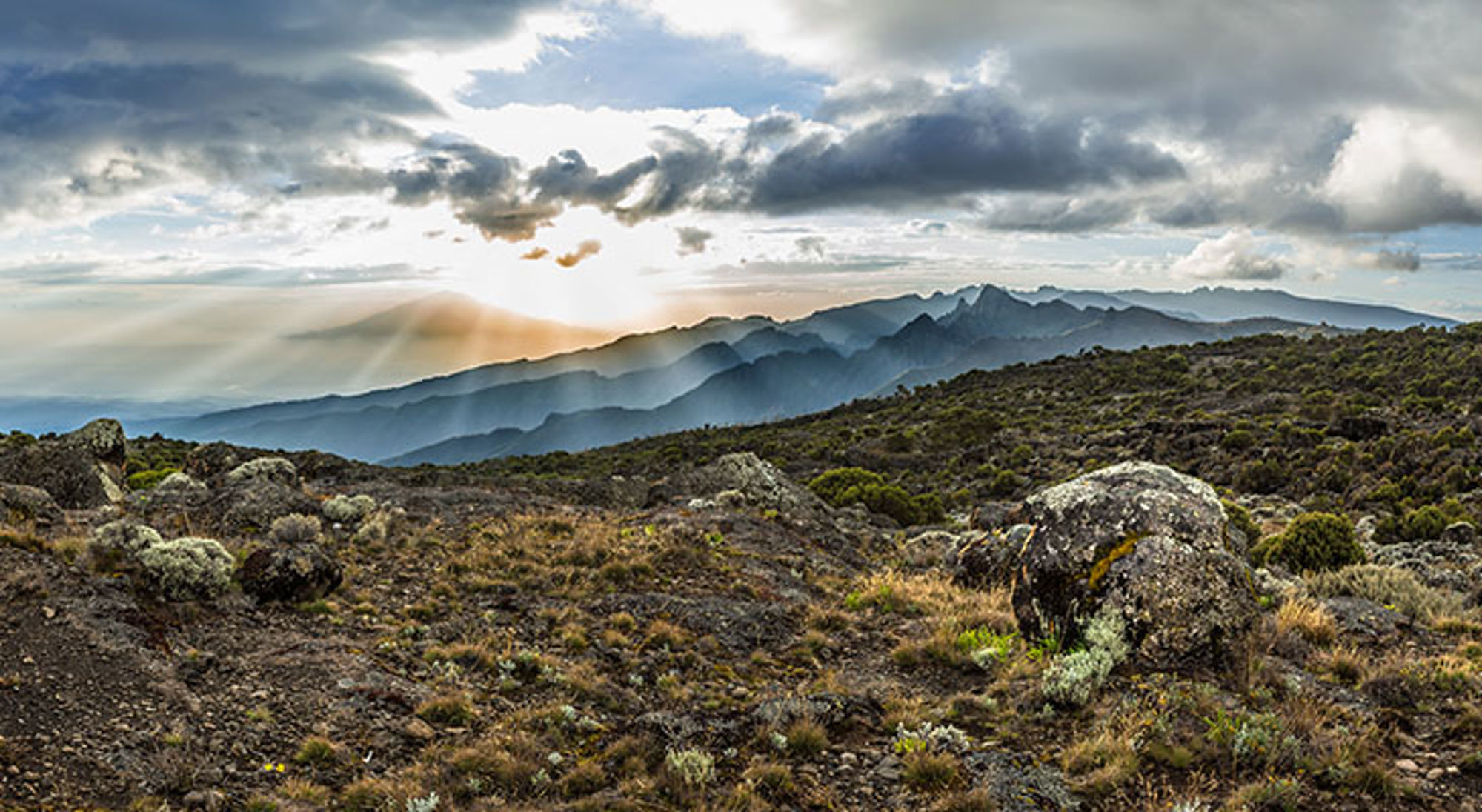 Zonsopkomst boven ruige bergketen in Tanzania, met rotsen en struikgewas op de voorgrond.
