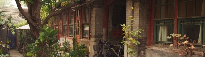 Traditionele hutong-straat in Beijing met oude binnenplaatswoningen, fietsen en groen.