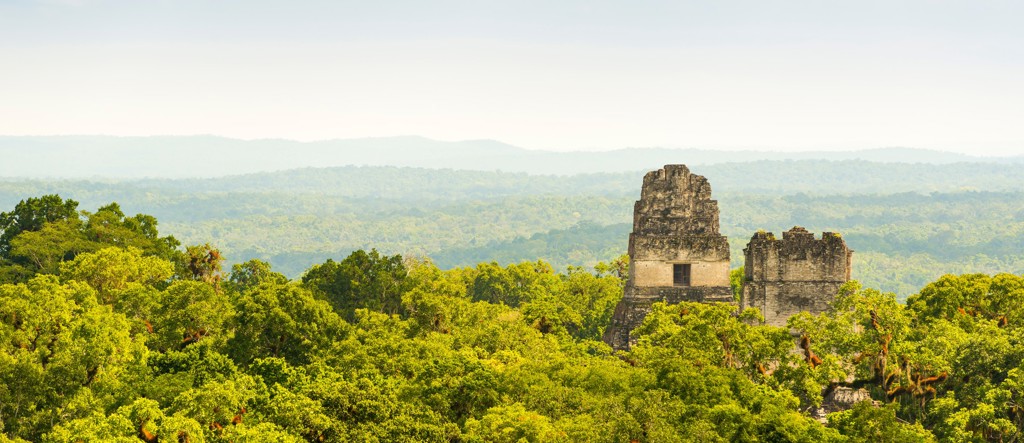 Tempels van Tikal in Guatemala, boven het regenwoud.