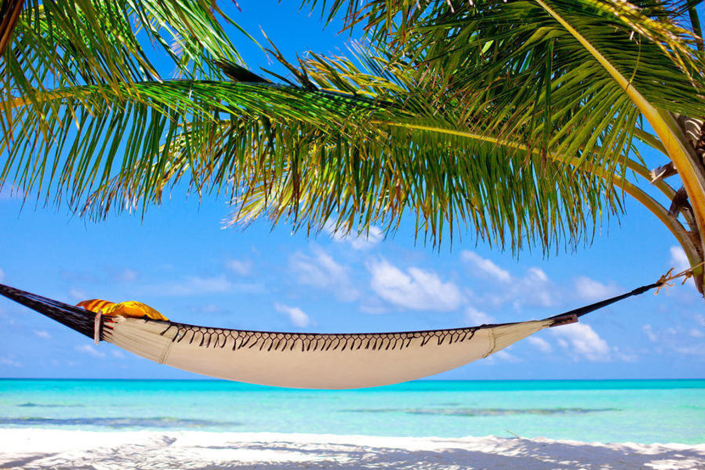 Hangmat onder een palmboom aan een wit zandstrand met turquoise zee, tijdens familiereis Sri Lanka en Malediven.
