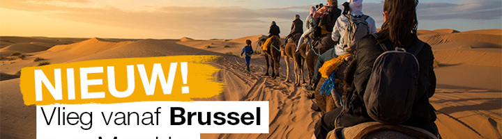 Karavaan met reizigers op kamelen in de woestijn van Marokko bij zonsondergang.