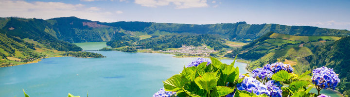 Uitzicht over een kratermeer op São Miguel, Azoren, met groene heuvels en hortensia’s op de voorgrond.