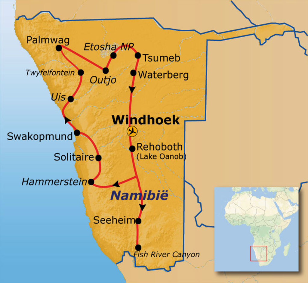 Routekaart Namibië met rondreis langs Windhoek, Etosha NP, Swakopmund, Palmwag en Fish River Canyon.